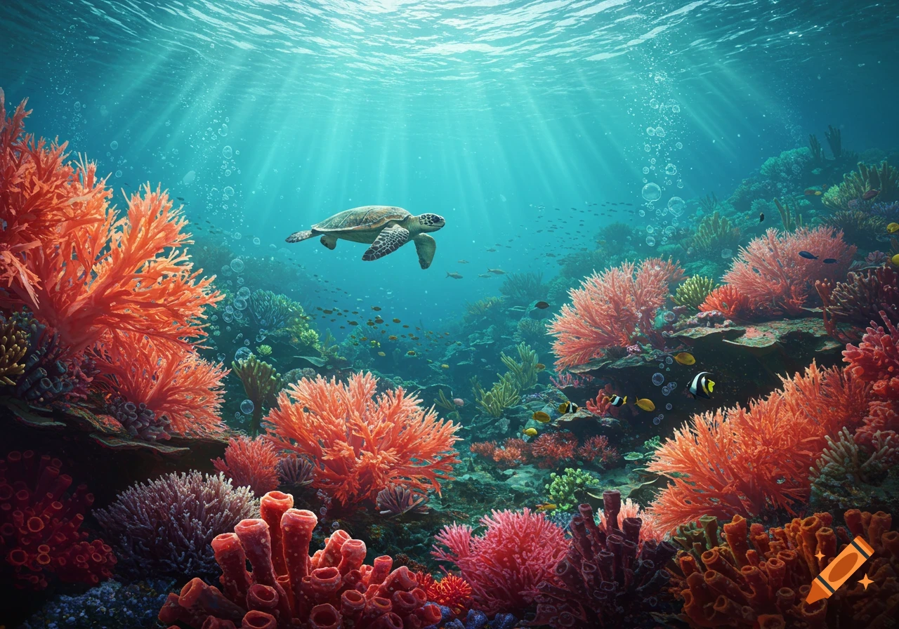 A sea turtle swims over a vibrant coral reef teeming with colorful coral formations and small fish, with sun rays filtering through the clear blue water.