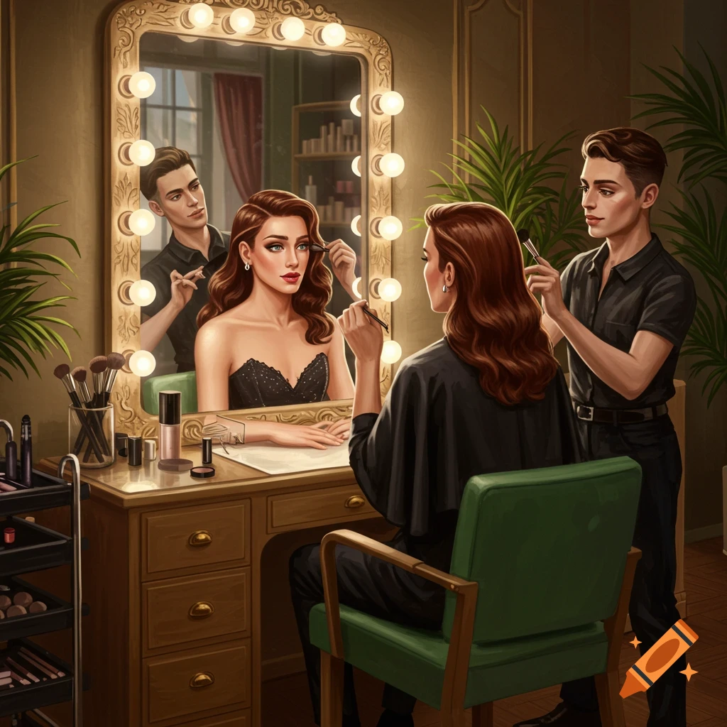 A man applies makeup to a woman sitting at a vanity table with a mirror and lights, in a detailed, illustrative style.
