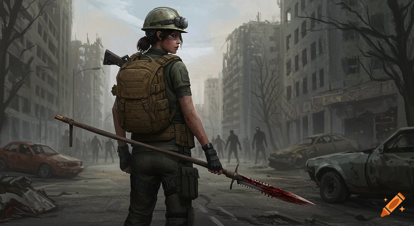 Female survivor with a bloodied spear and military gear in a ruined city with zombies and destroyed cars.