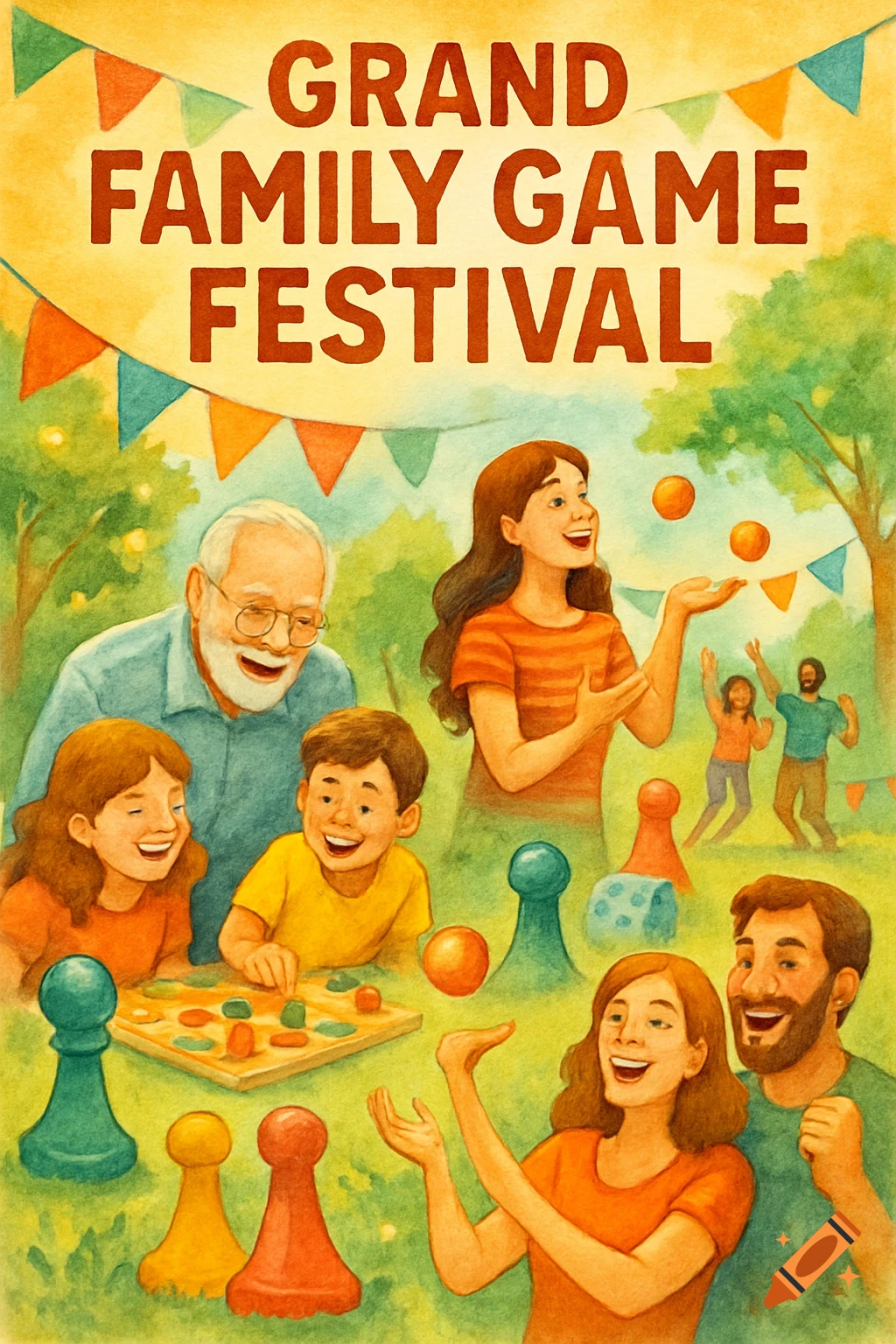 A colorful watercolor illustration of a multi-generational family playing games at an outdoor festival. Text reads "GRAND FAMILY GAME FESTIVAL".
