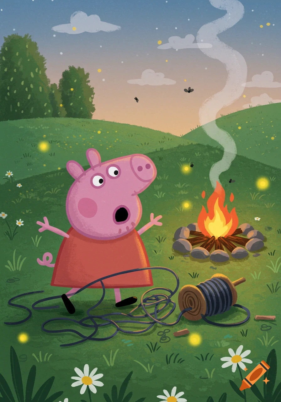Peppa Pig with a surprised expression, tripping on a dark wire near a campfire in a grassy field at dusk, cartoon style.