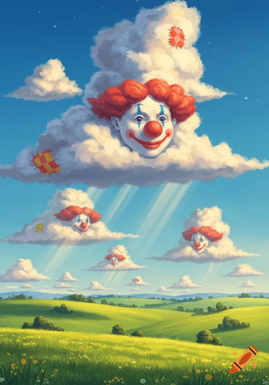 Whimsical illustration of smiling clown faces in white clouds over a vibrant green landscape under a bright blue sky.
