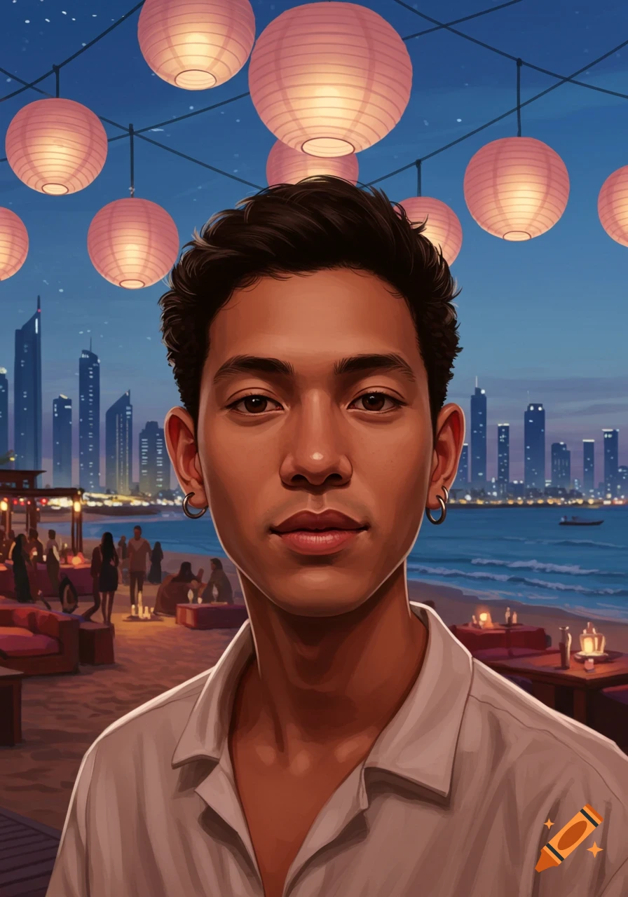 Digital art portrait of a young man on a beach at night, with a city ...