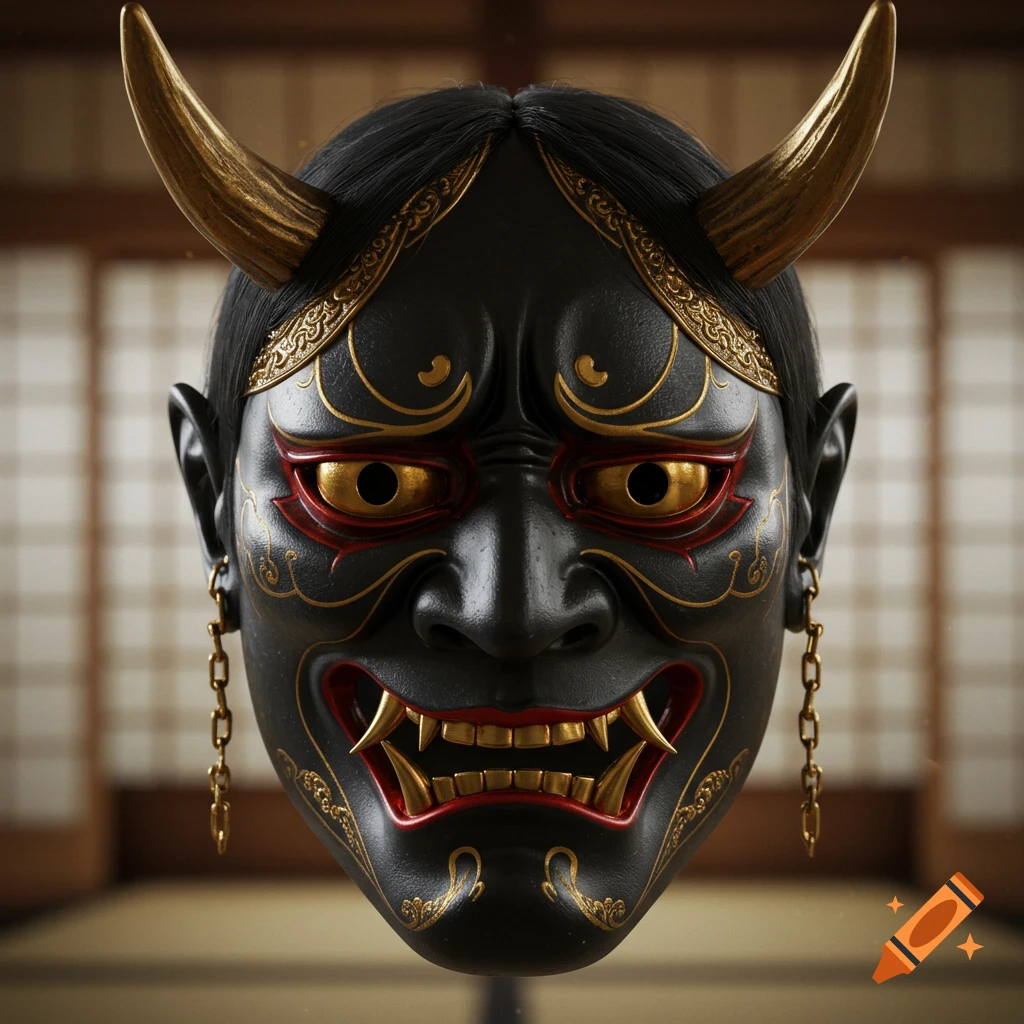 A photorealistic black Japanese Hannya mask with gold horns, red and gold accents, and fangs, against a blurred Japanese interior.