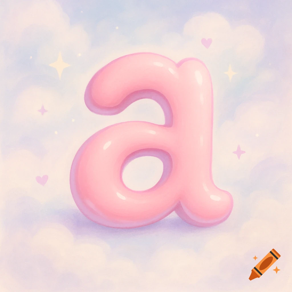 A puffy, pink lowercase letter 'a' floats among pastel clouds with stars and hearts in a dreamy, illustrative style.