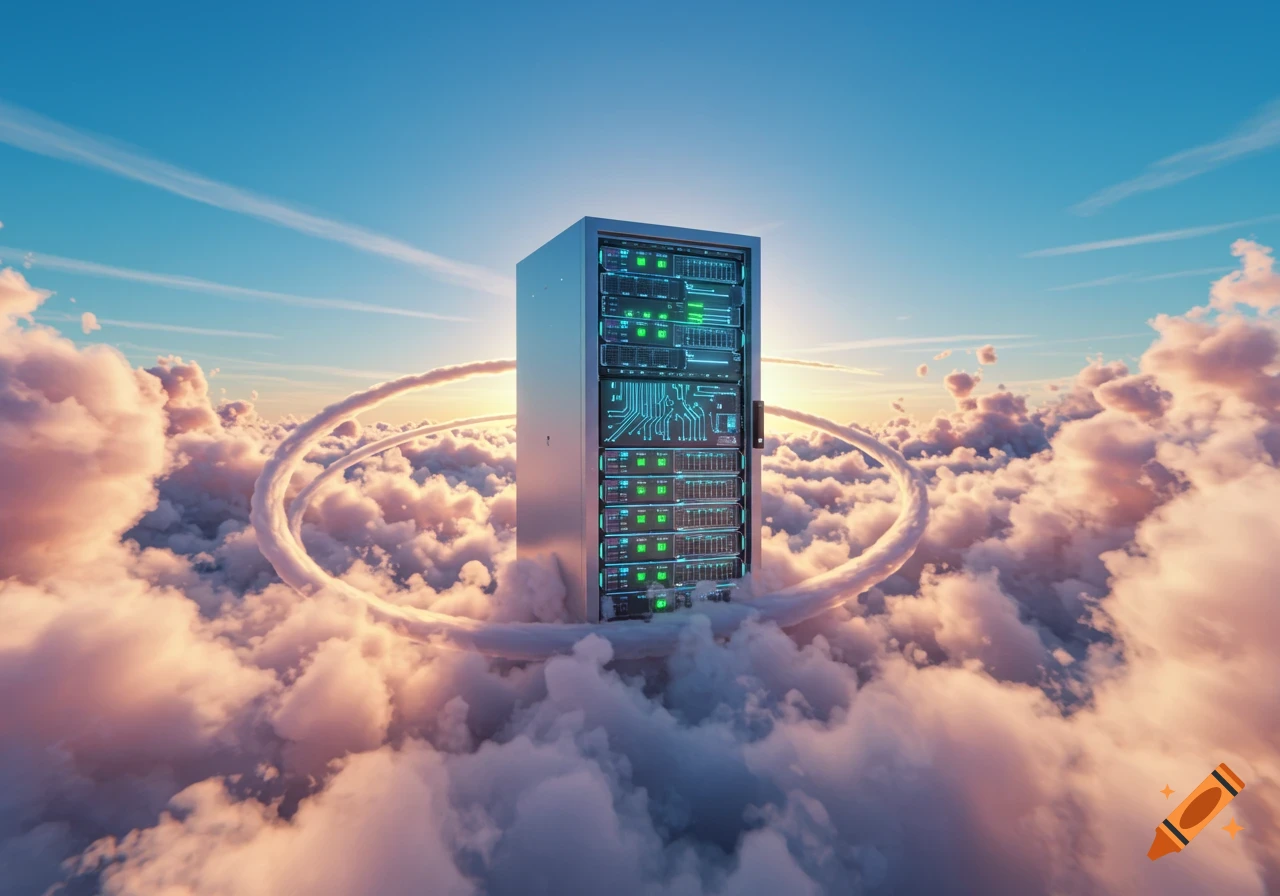 A photorealistic image of a large server rack standing amidst fluffy pink and white clouds in a bright blue sky, with a circular contrail around it.