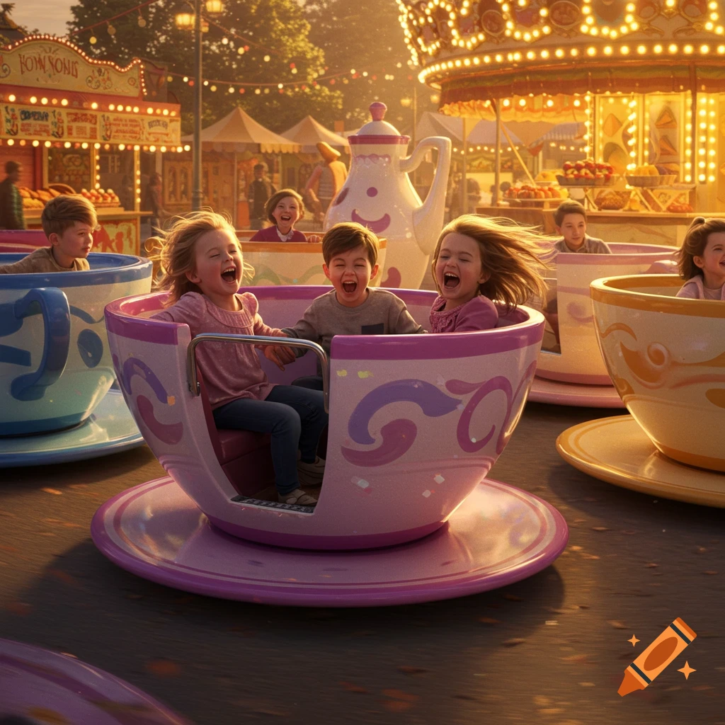 Happy children laugh loudly on a spinning teacup ride at a bustling, golden-lit carnival.
