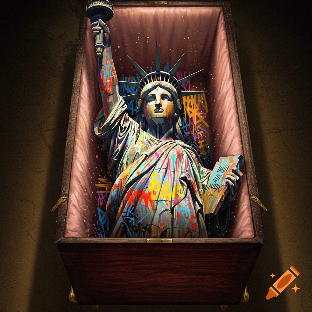 Statue of Liberty, covered in colorful paint and graffiti, lies inside an open, satin-lined wooden casket in a Basquiat-inspired style.