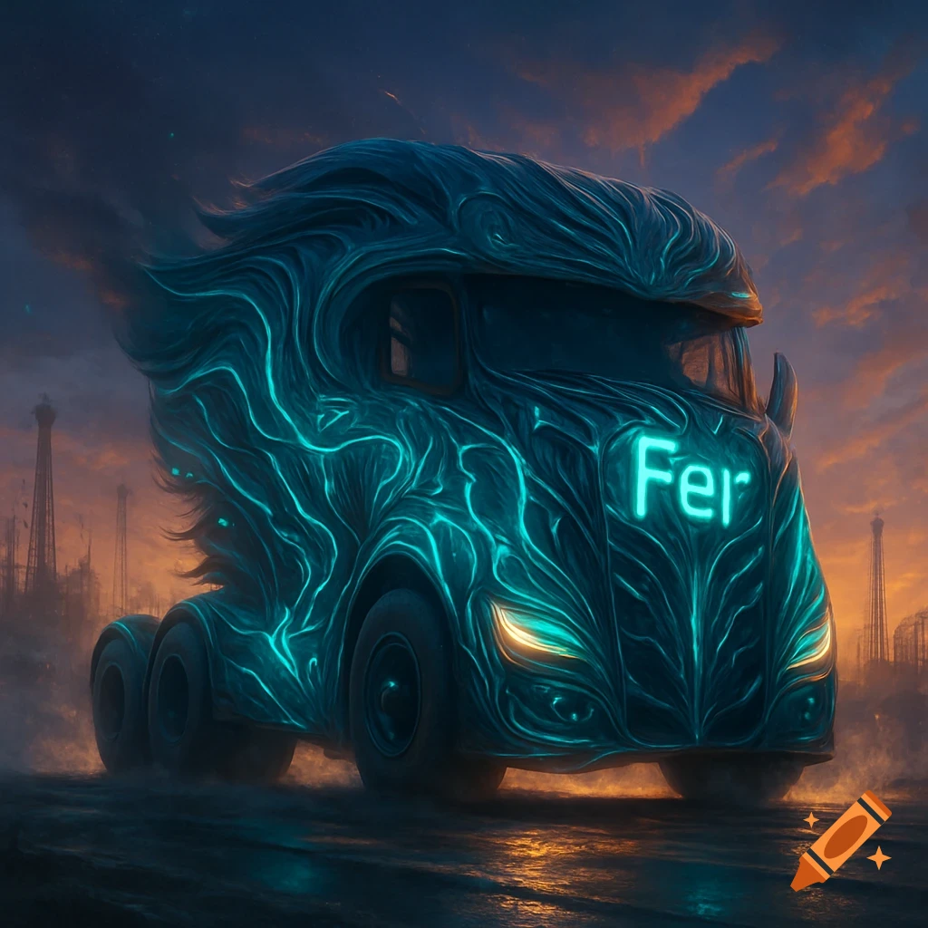 A dark, futuristic truck with glowing teal organic patterns and the word 'Fer' on its front, against an orange and blue sunset sky.