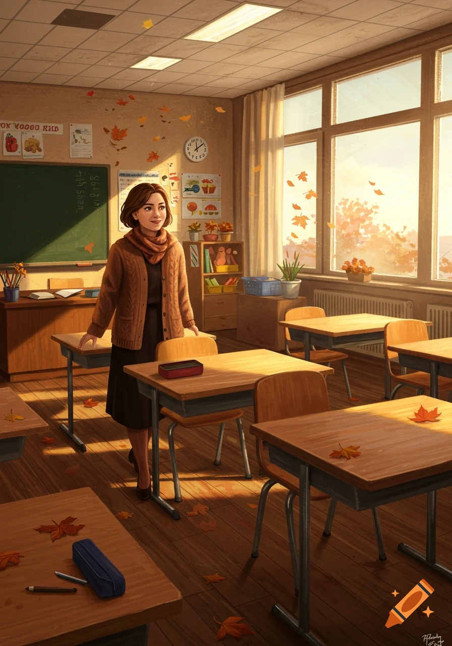 A female teacher stands in an empty, sunlit classroom decorated with autumn leaves, wearing a brown cardigan and scarf.