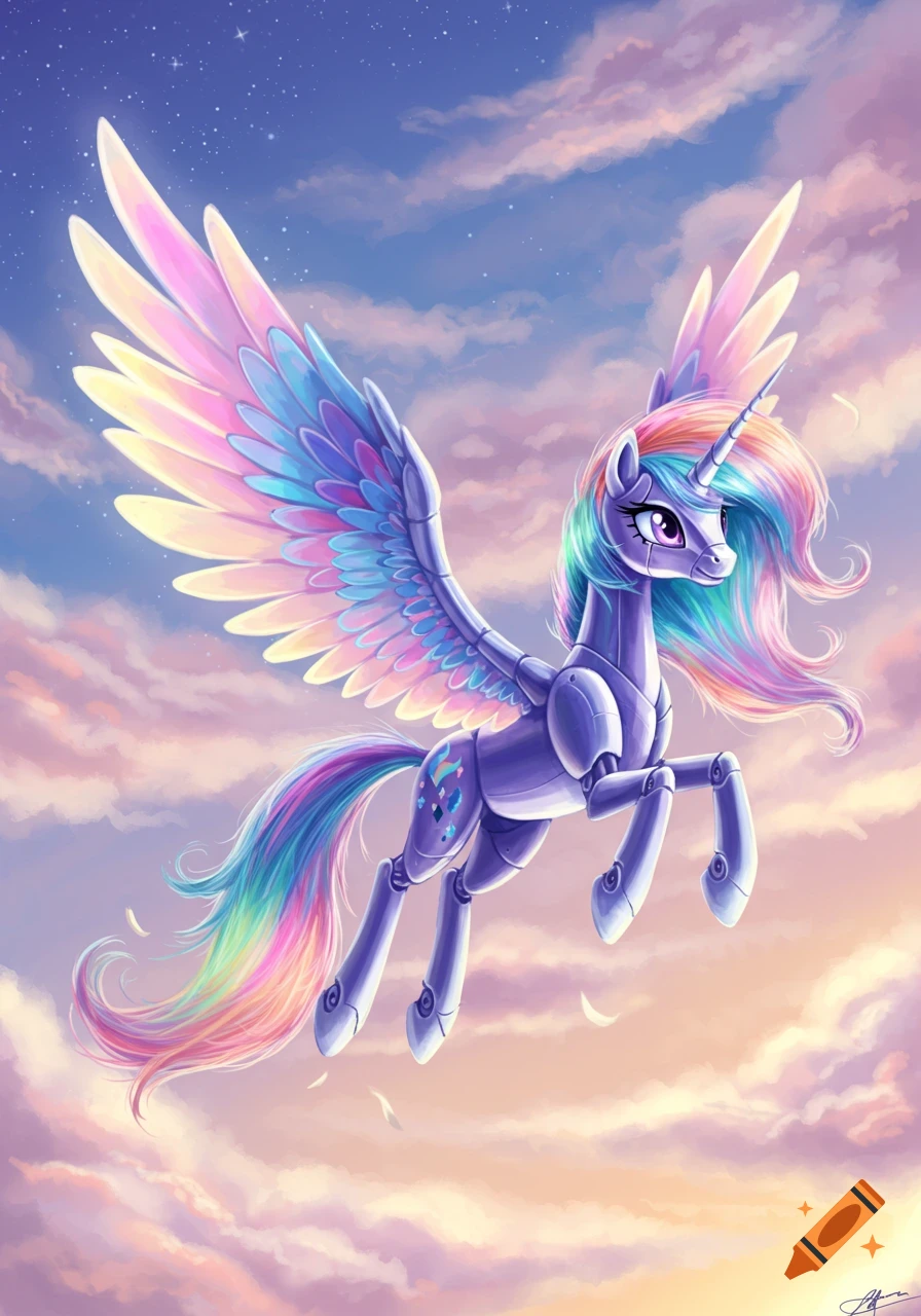A shiny metallic My Little Pony style unicorn with prismatic iridescent wings and a rainbow mane flies through a dreamy, cloudy sky with stars.