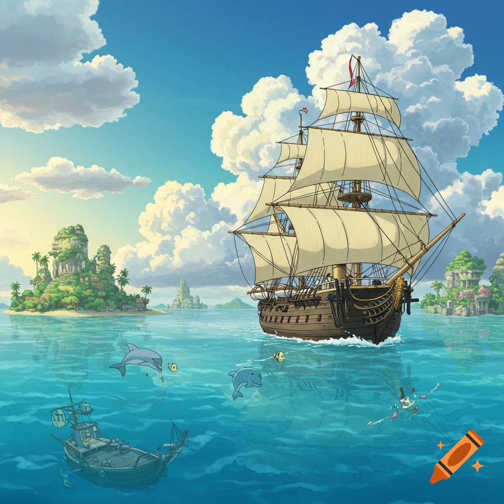 Miyazaki-style anime illustration of a large sailing ship on a tropical sea with islands, dolphins, and a clear sky.