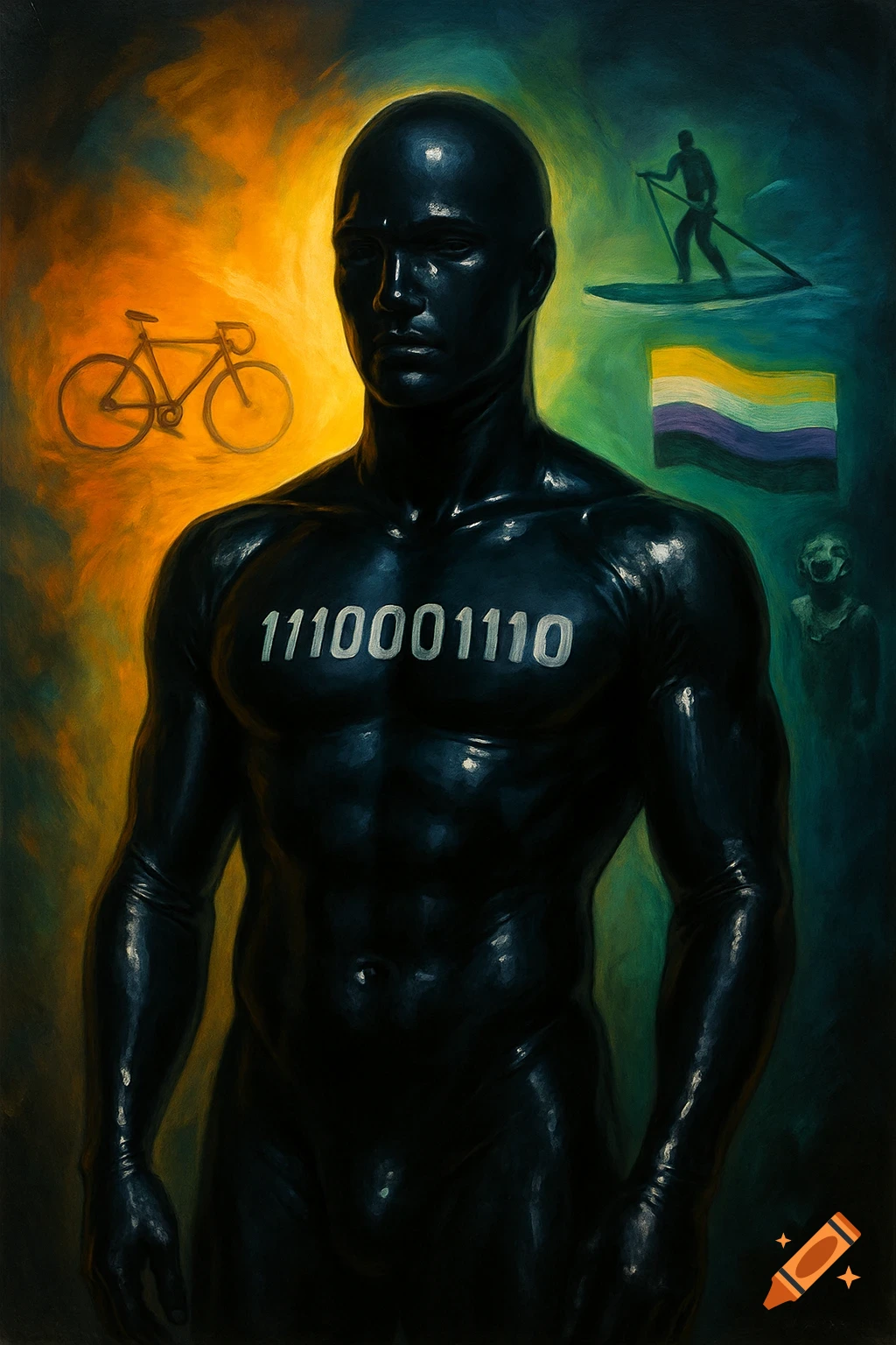 A surreal digital painting of a dark, shiny figure with binary code on its chest, against a vibrant background featuring a bicycle, paddleboarder, and non-binary flag.