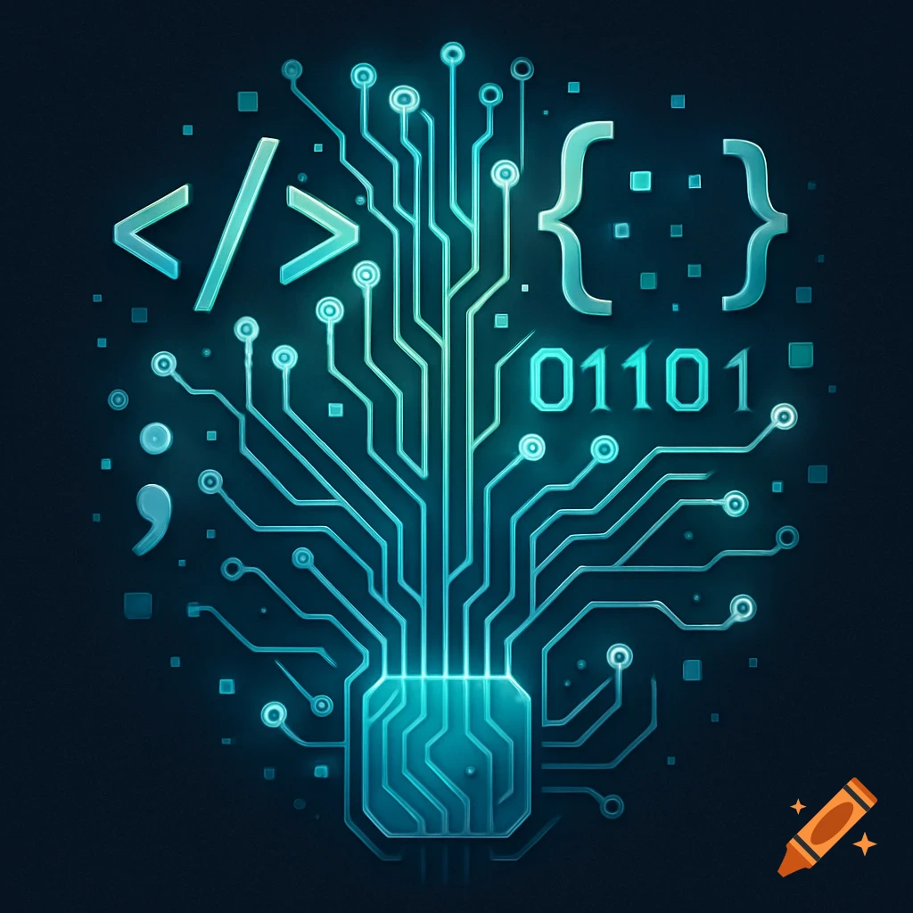 Glowing blue-green circuit board lines forming a network with programming symbols like code brackets, a semicolon, and binary numbers on a dark background.