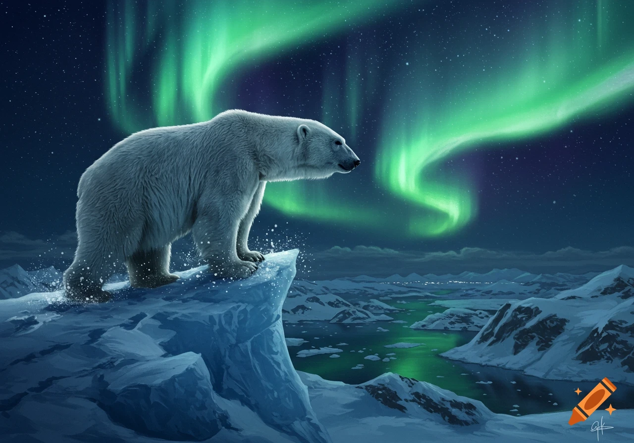 A polar bear stands on a snowy cliff edge under vibrant green aurora borealis, overlooking a winter landscape with icy water.