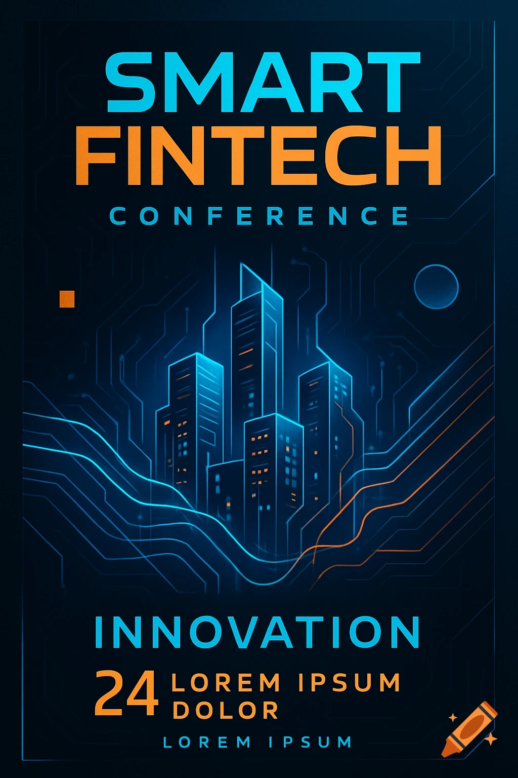A blue and orange 'Smart Fintech Conference' poster with glowing city ...