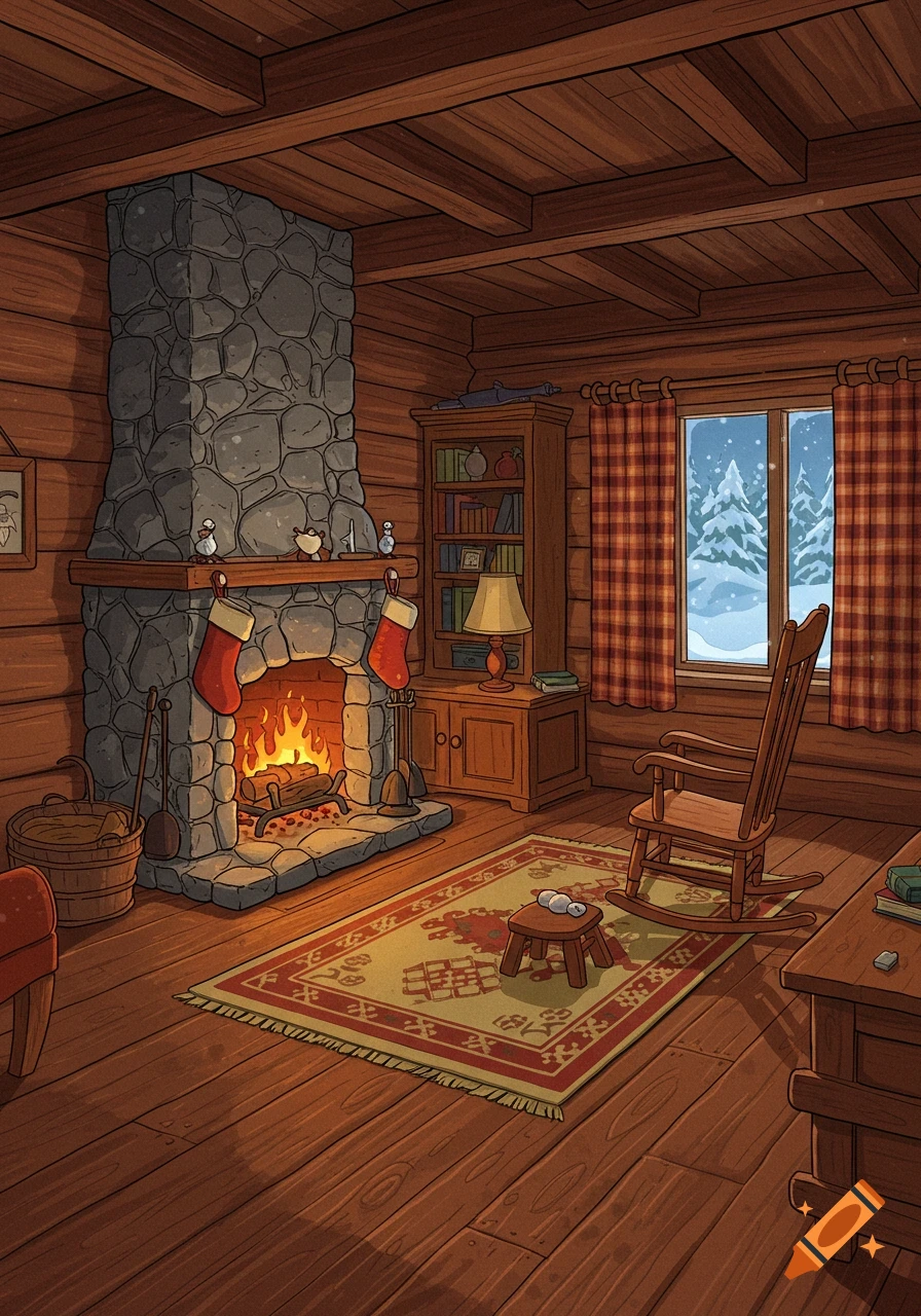 A cozy illustrated cabin interior with a roaring fireplace, Christmas stockings, a rocking chair, and a snowy window view.
