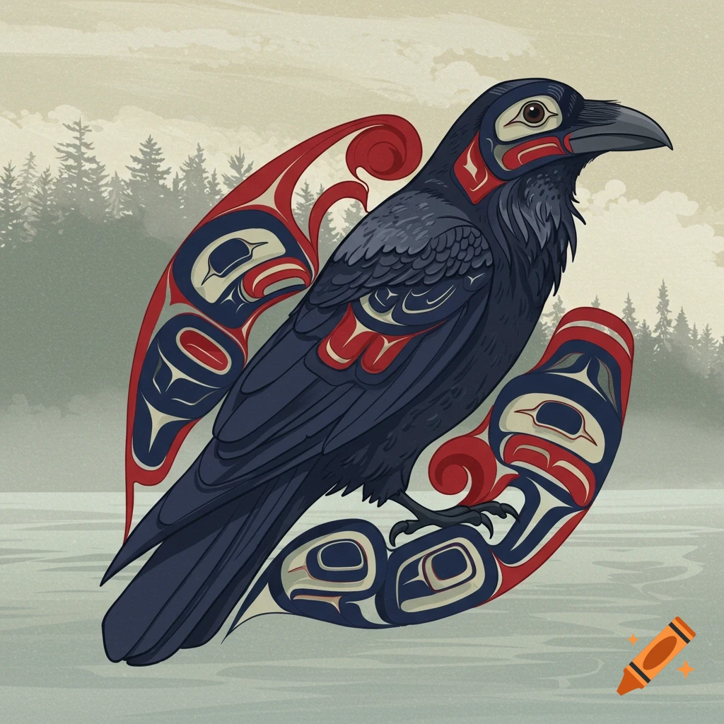 A stylized dark blue raven with intricate red and cream Indigenous art patterns, set against a misty forest and water.