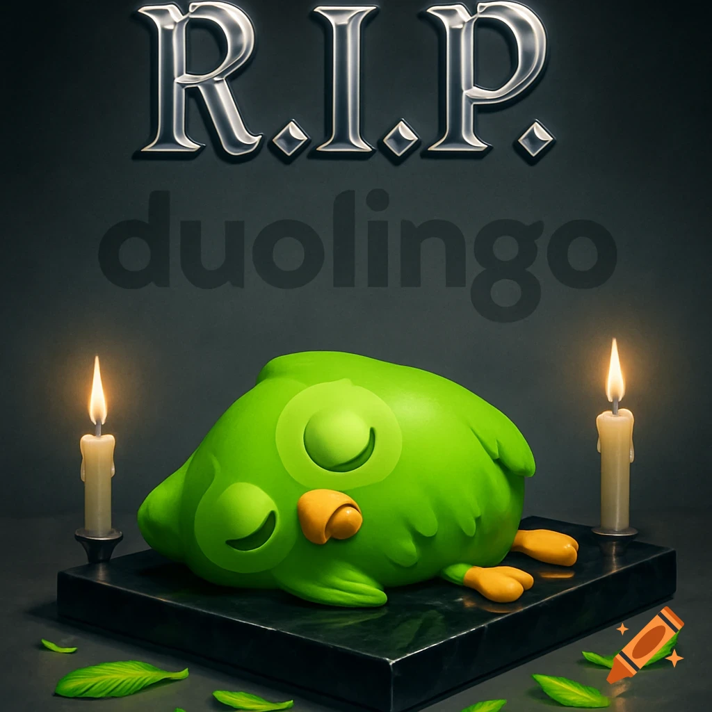 The Duolingo owl mascot, Duo, lies on a dark slab, with two lit candles. Above, 'R.I.P. duolingo' is written.
