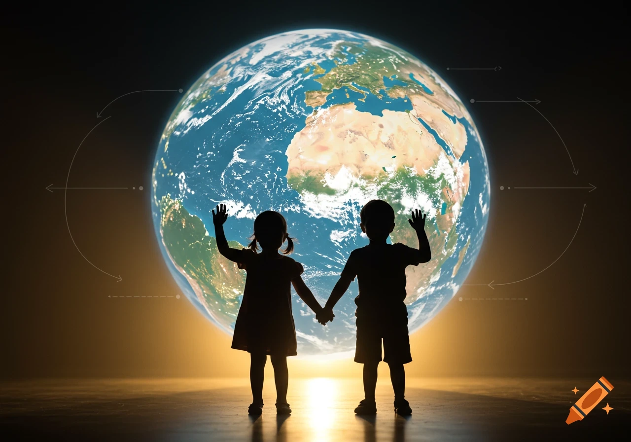Two silhouetted children holding hands and waving in front of a brightly lit, detailed globe.