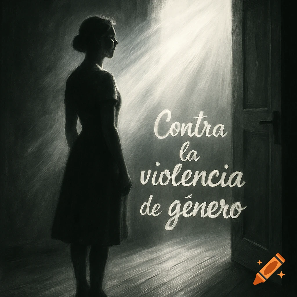 A silhouetted woman stands by an open door with bright light revealing text "Contra la violencia de género", in a charcoal drawing style.