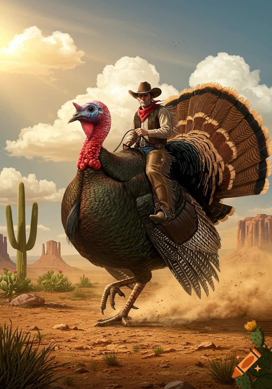 Turkey Riding Buffalo A cowboy rides a giant turkey through a dusty desert landscape with ...