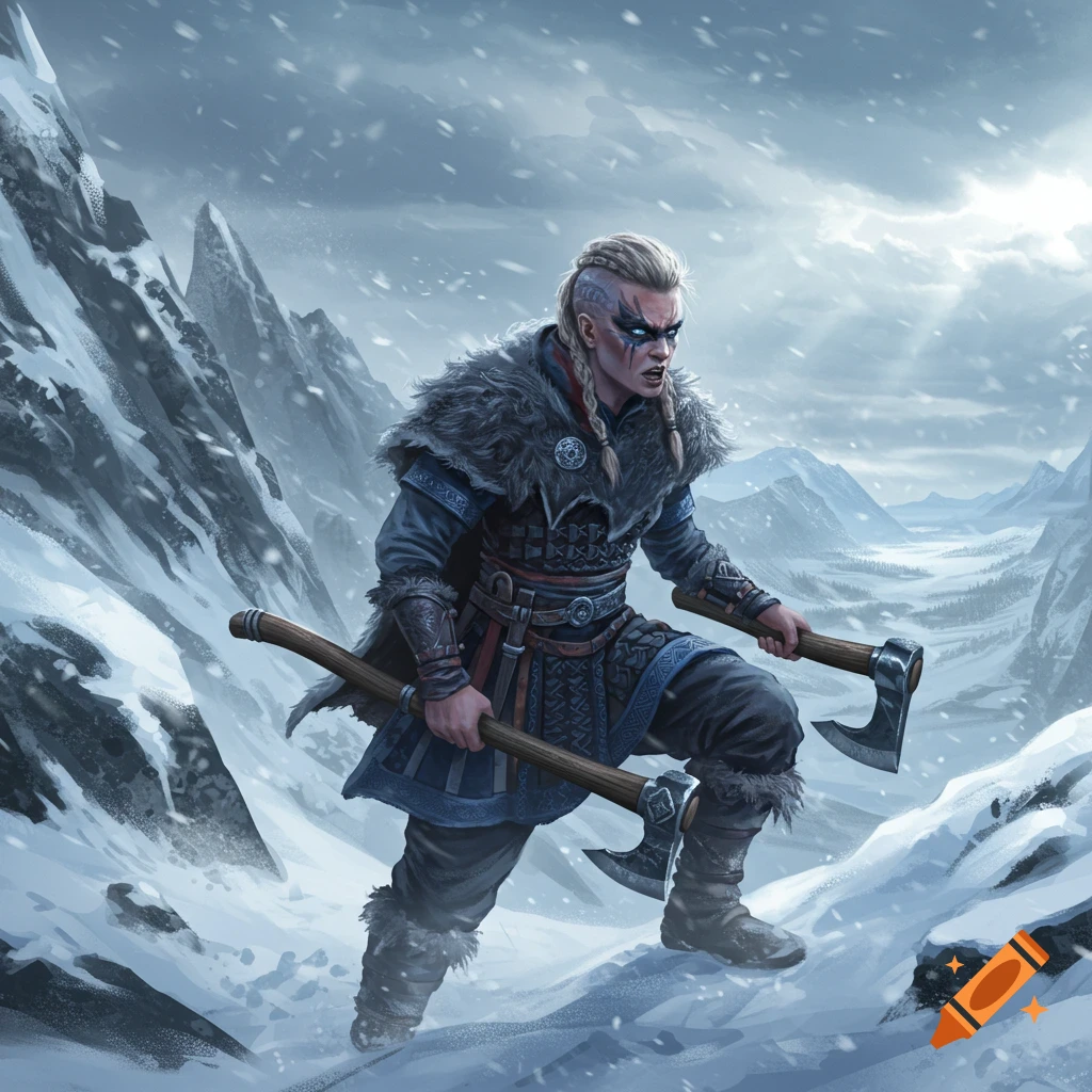A fierce female Viking warrior in fur and armor, holding two axes, climbs a snowy mountain in a digital painting.