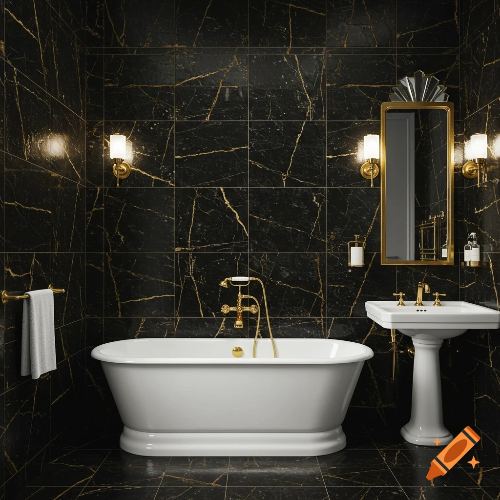 Luxurious art deco bathroom with black marble tiles, gold fixtures, a white freestanding tub, and a pedestal sink.