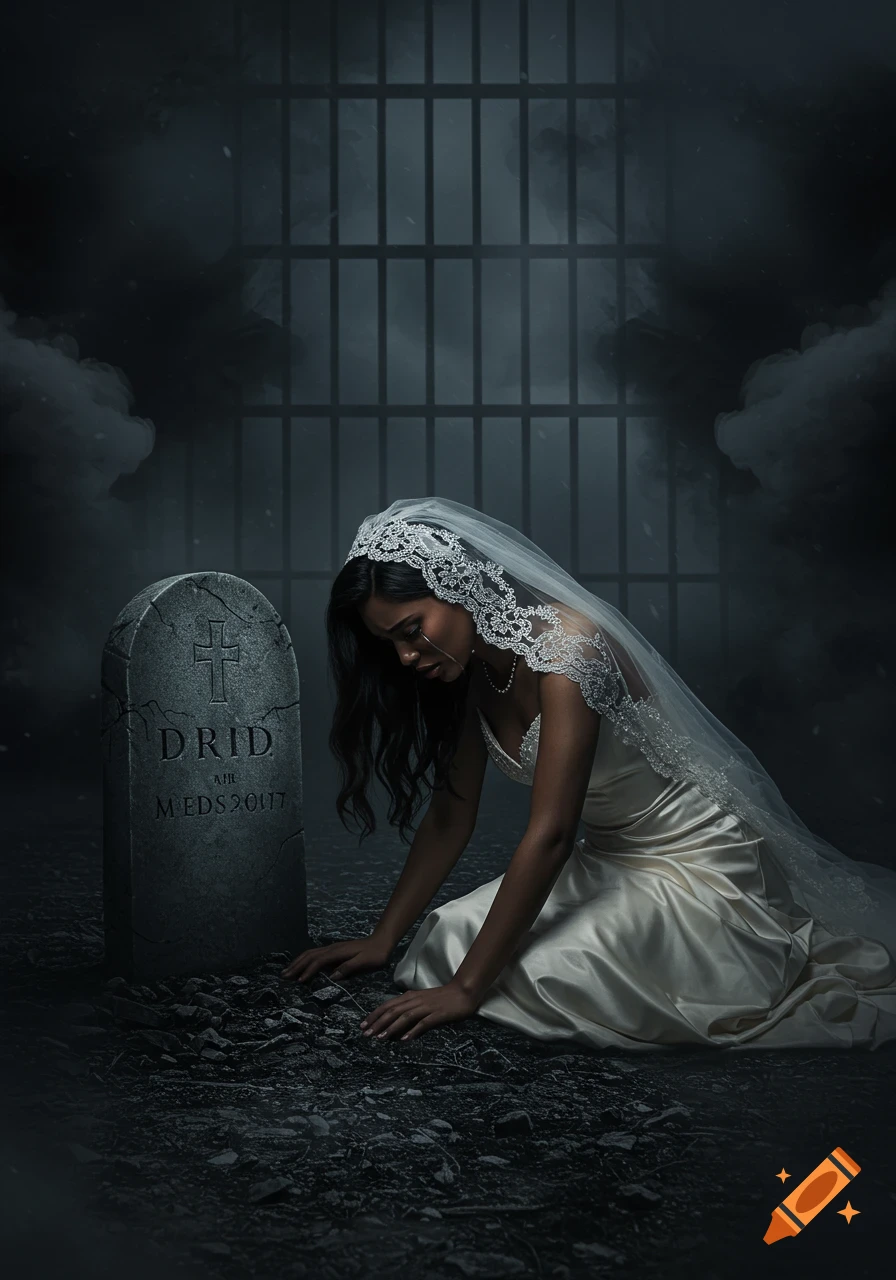 A crying woman in a white wedding dress kneels beside a tombstone. Dark prison bars and smoke are in the background, creating a somber mood.