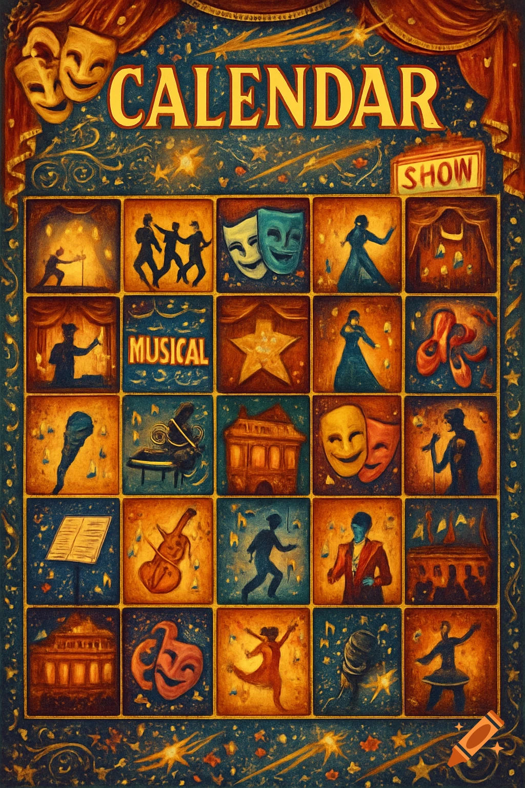 A stylized calendar poster with theatrical masks, dancing silhouettes, musical instruments, and stage scenes, on a starry blue background.