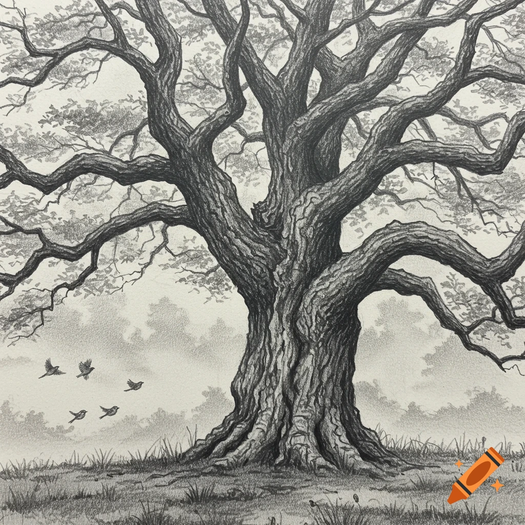 A detailed black and white pencil sketch of a large, gnarled tree with birds flying in the misty background.