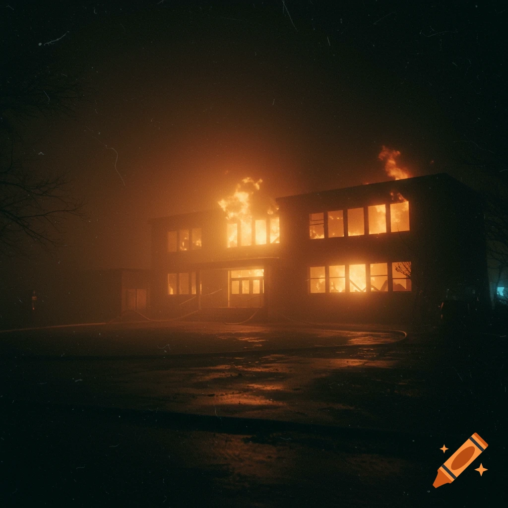 A two-story elementary school engulfed in flames on a dark, foggy night, with a vintage, corrupted photo aesthetic.