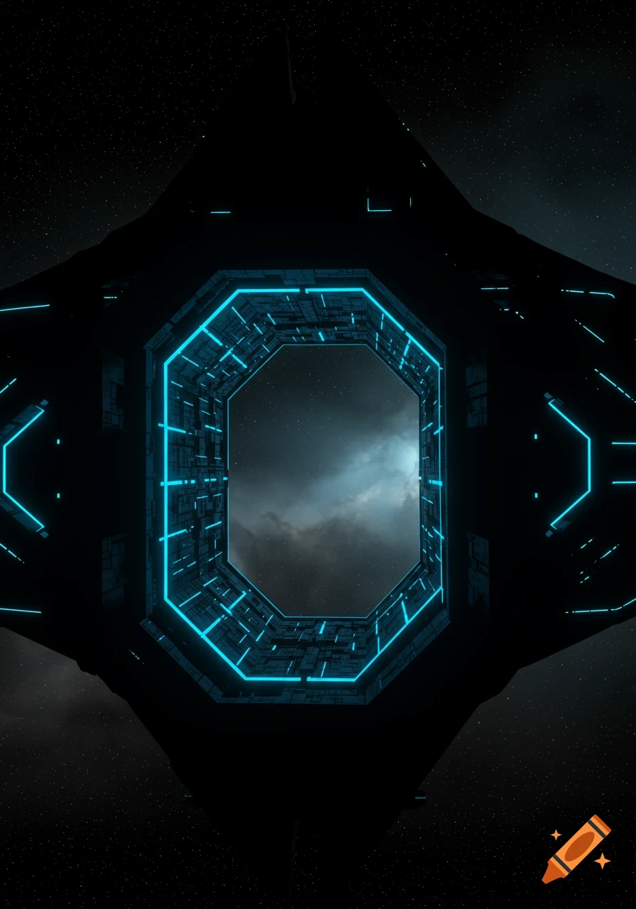 A dark, futuristic spaceship with a glowing blue hexagonal opening floats in a star-filled space with a nebula in the background.