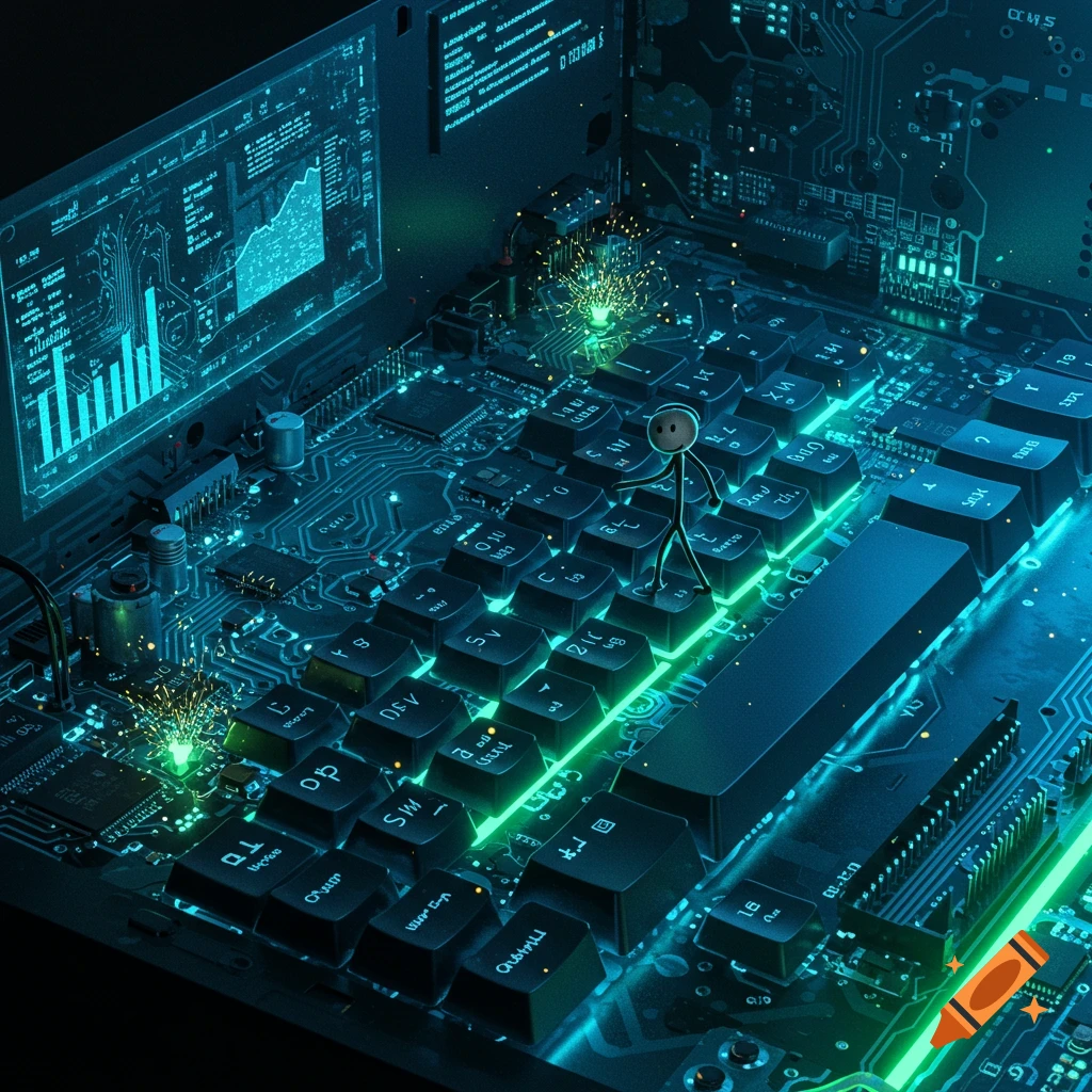 A simple stickman figure walks across a giant, glowing blue and green computer circuit board keyboard with data screens.