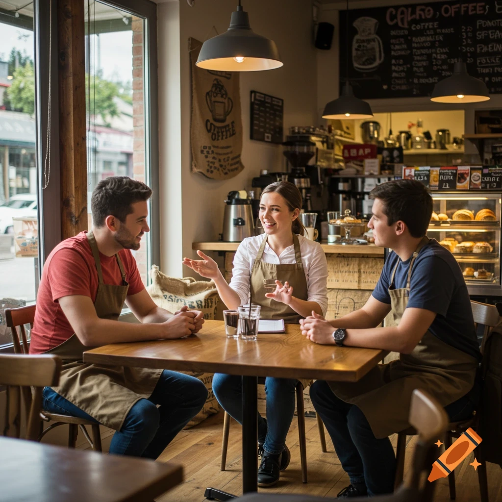 Three smiling coffee shop employees, wearing aprons, engage in a conversation at a wooden table during a morning meeting.