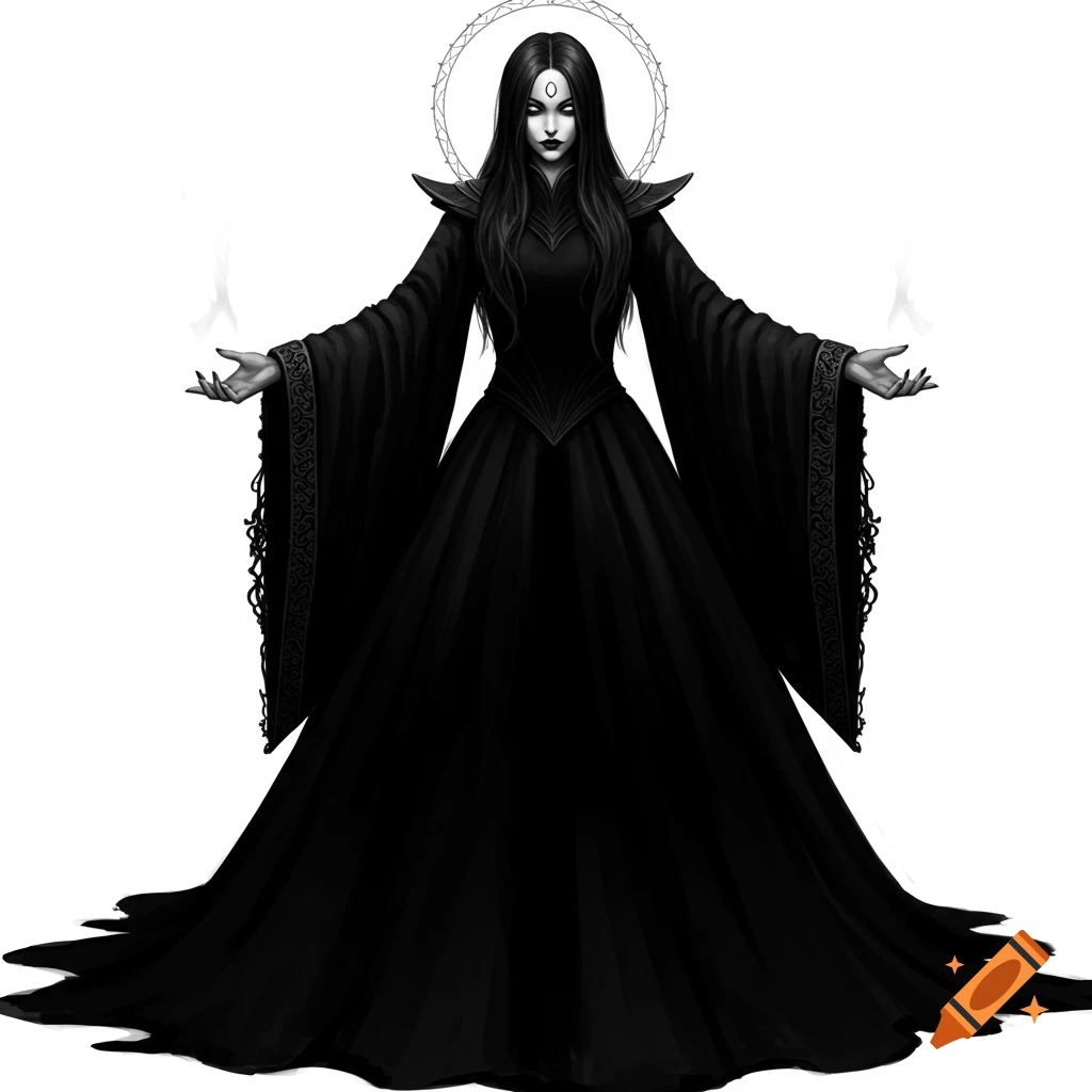 A black and white illustration of a witch in a long black dress with white eyes, a third eye symbol, and a halo, conjuring magic.
