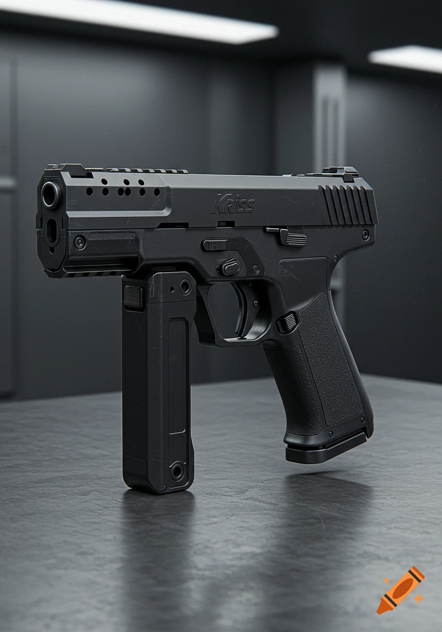 Photorealistic side profile of a black KRISS Vector style handgun with a vertical foregrip on a dark surface.