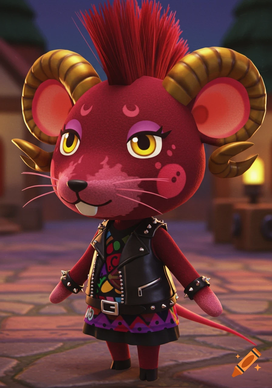 A punk Animal Crossing mouse villager with dark red fur, gold ram horns, and gold eyes wears a black leather jacket.