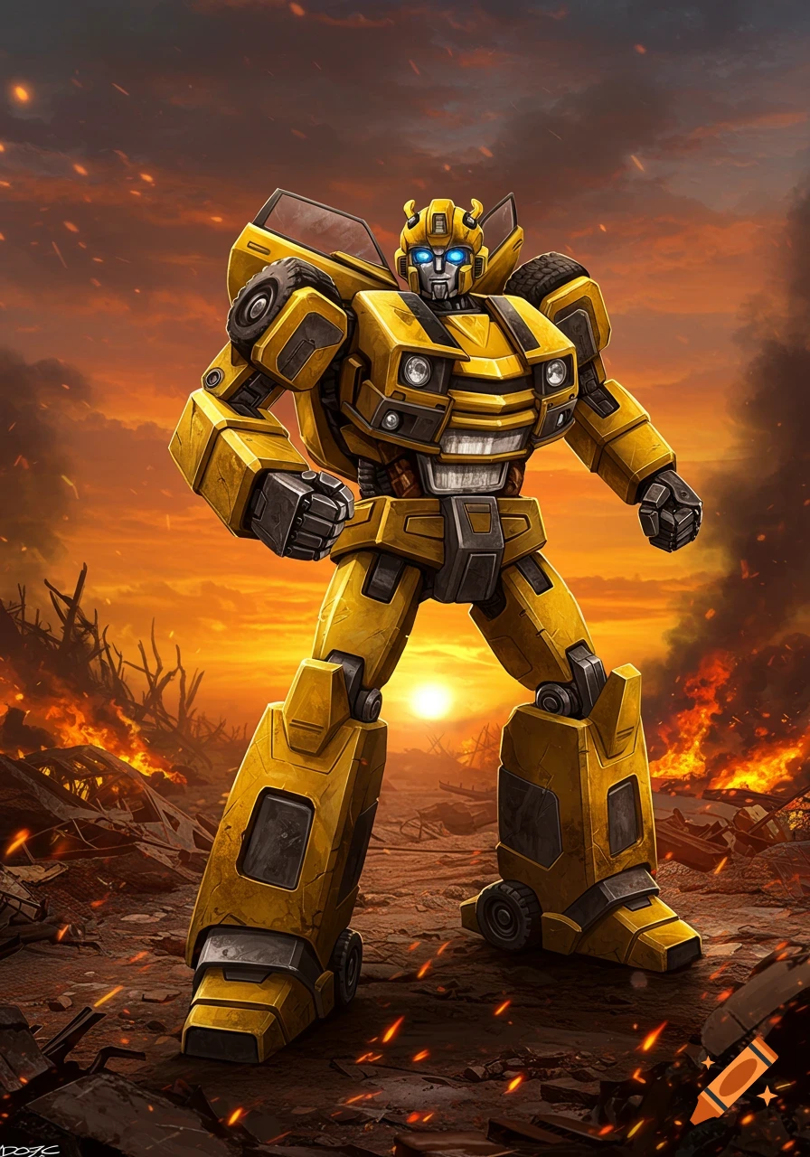 Yellow and black G1 Bumblebee robot stands heroically in a fiery, war-torn landscape at sunset.
