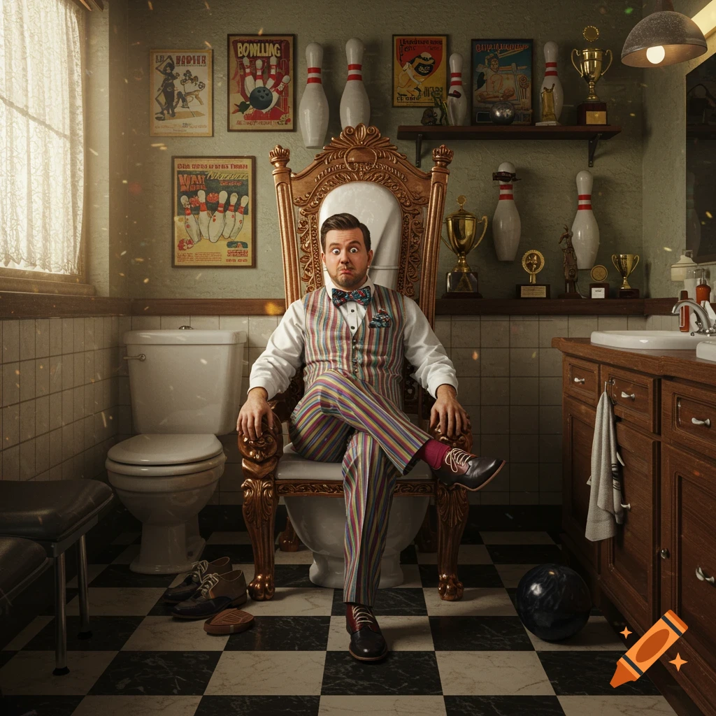 A man in a colorful striped suit and bow tie sits on a golden throne chair over a toilet in a vintage-style bathroom adorned with bowling posters and trophies.