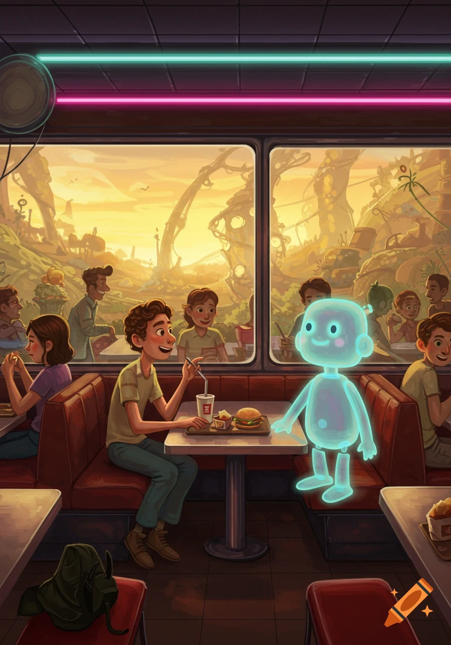 A cartoon illustration of a boy eating a burger in a retro diner booth, across from a glowing blue robot. A futuristic landscape is visible outside the window.