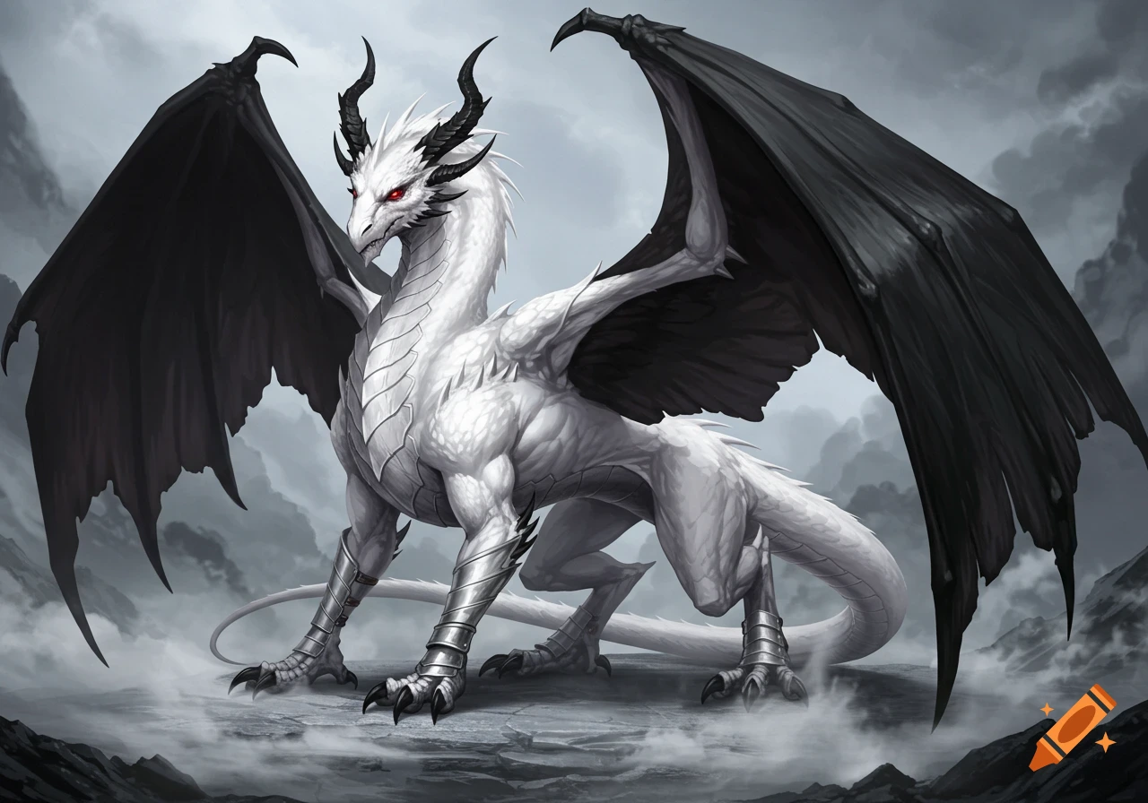 A majestic white dragon with large black wings, black horns, and ...