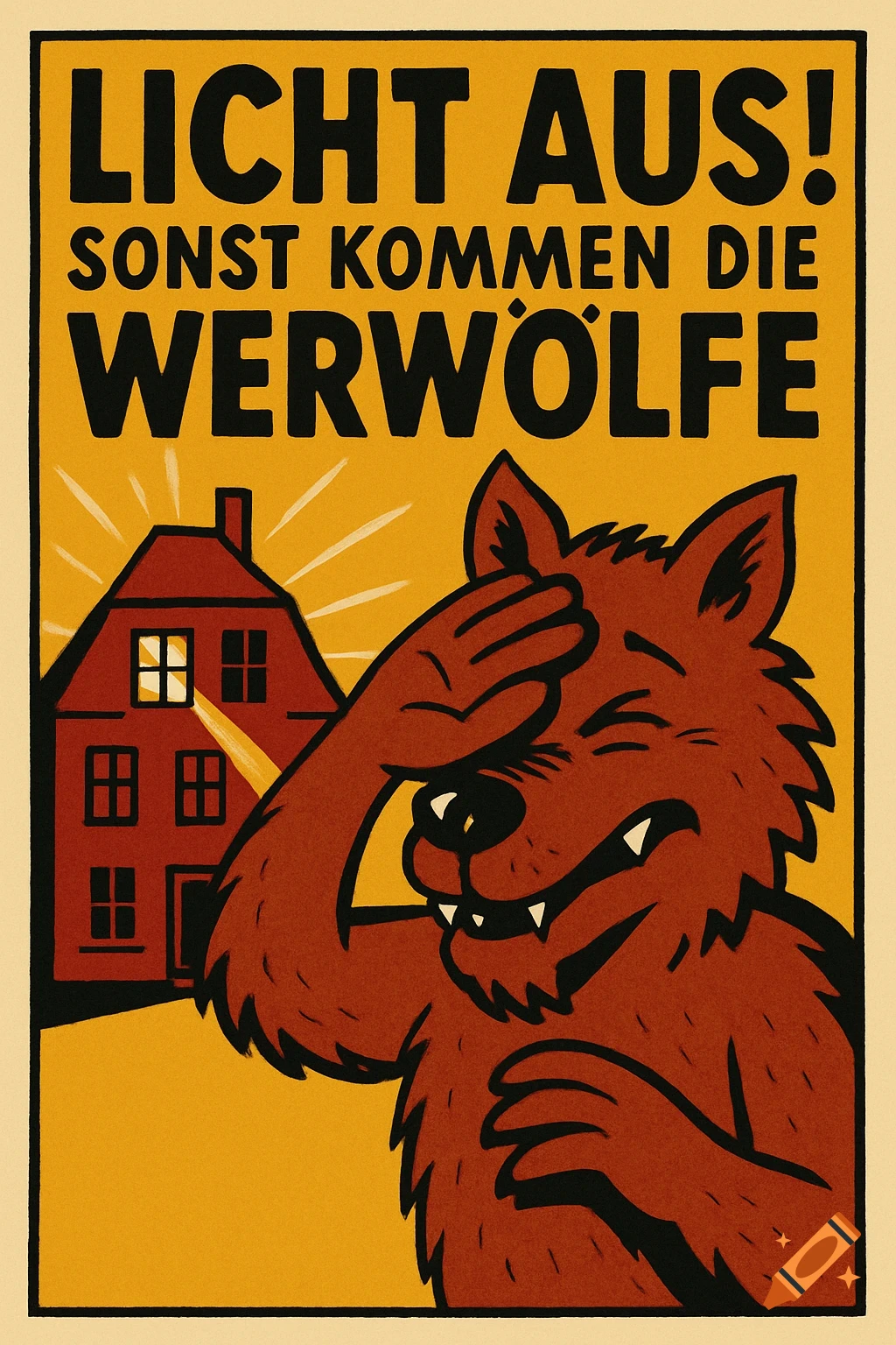 A comic-style poster of a humorous werewolf shielding its eyes from a brightly lit house, with the text 'Licht aus! Sonst kommen die Werwölfe.' above.