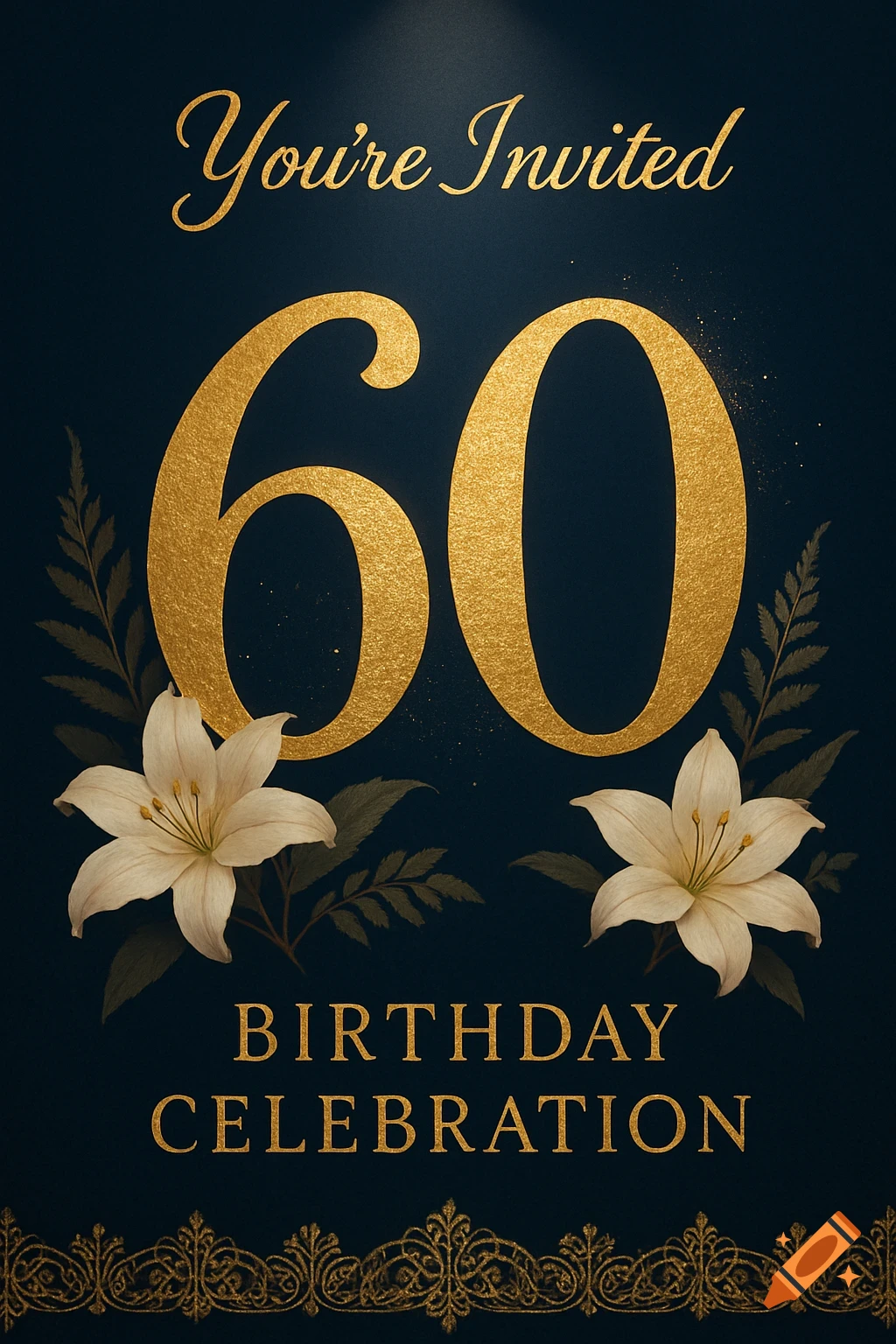 A dark blue 60th birthday invitation with gold text, 'You're Invited' and 'Birthday Celebration', adorned with white lilies and ferns.