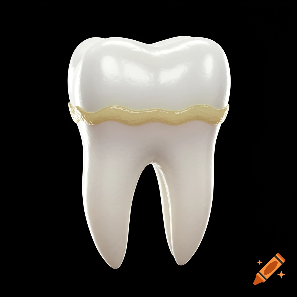 A realistic 3D rendering of a single white tooth with a thin layer of yellowish plaque around its crown, against a black background.