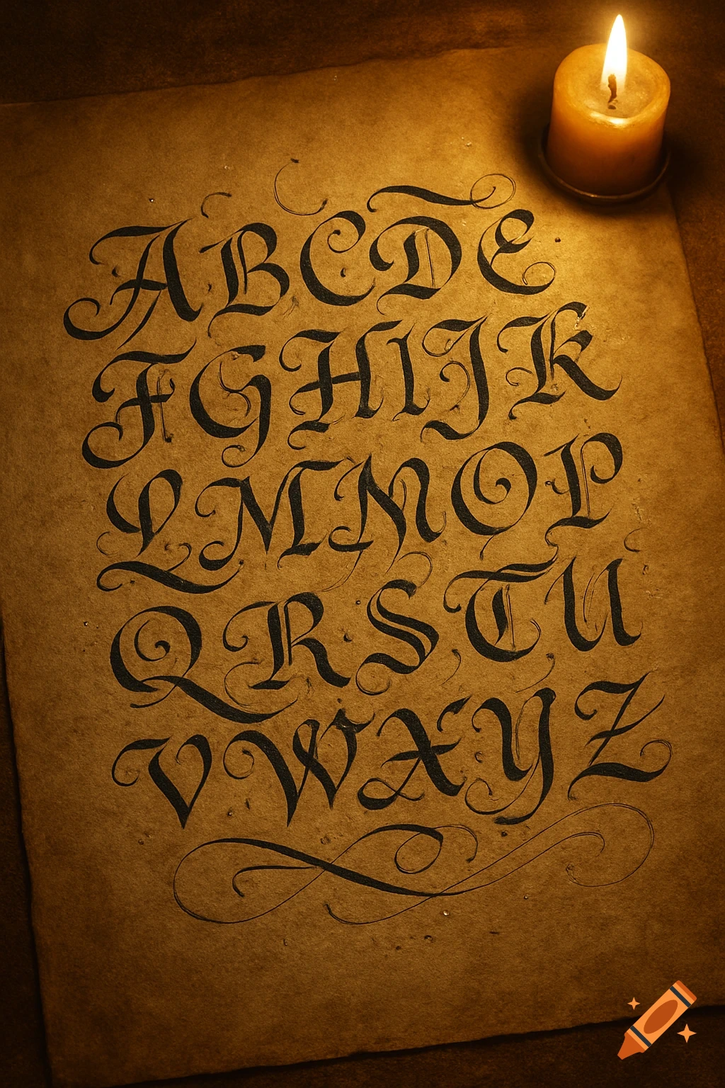 A vintage sheet of paper with the capital English alphabet written in calligraphic script, illuminated by a candle.