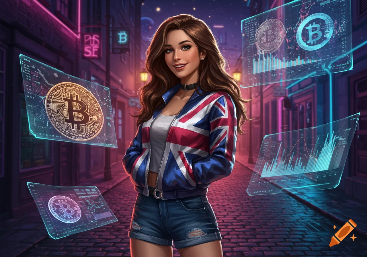 A stylized woman wearing a British flag jacket and denim shorts stands in a futuristic street scene surrounded by holographic Bitcoin displays.