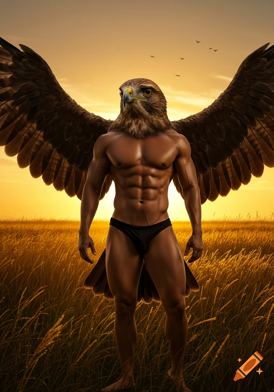 A muscular man with a hawk head and large brown wings stands in a golden field at sunset, wearing a black speedo.