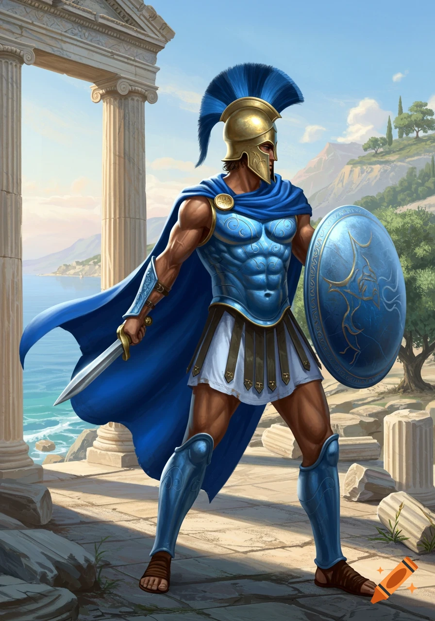 A powerful ancient Greek warrior in blue and gold armor stands with a sword and shield amidst ruins overlooking the sea.