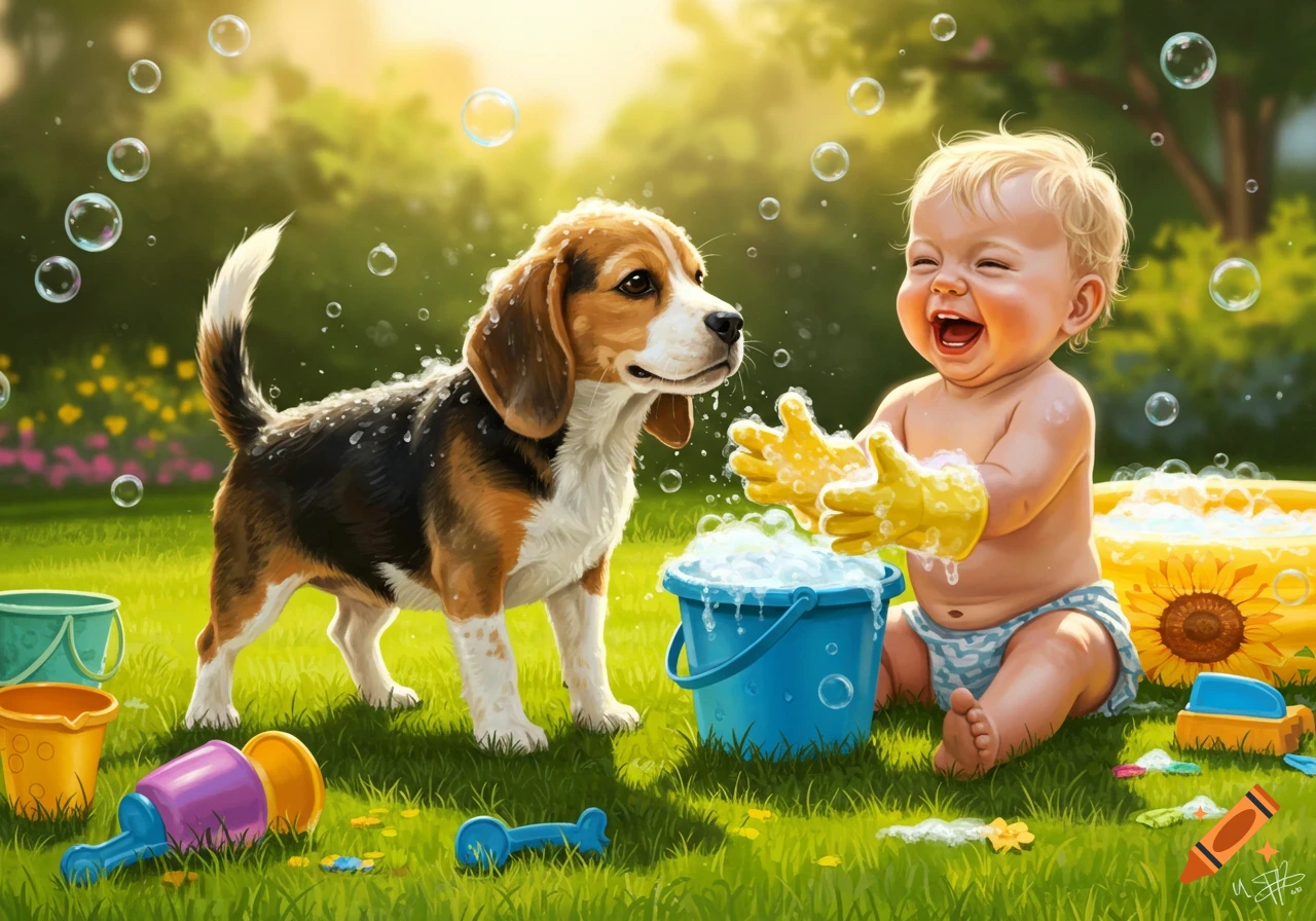 A laughing baby in yellow gloves splashes soapy water in a blue bucket next to a wet beagle dog on green grass.